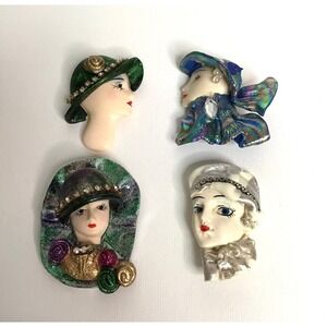 Vtg Lady Head Brooches Set of 4 Flapper Art Deco Style Rhinestone Mixed Media